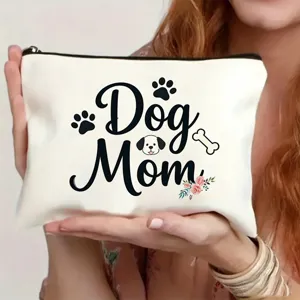 Weisse Leinen Kosmetiktasche mit Hunde Mami Motiv, ideale Reisetasche und Geschenk für Tierfreunde.