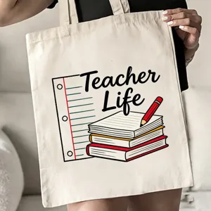 Nahaufnahme einer beige-farbenen Stofftasche mit Lehrer-Motiv und niedlichem Buchdesign.