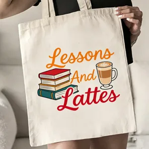 Große Baumwolltasche für Lehrer, schöne ästhetische Tragetasche mit Buch und Kaffee Druck.