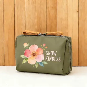 Koreanischer minimalistischer Kosmetikbeutel mit Blumenmuster und Ledergriff Detail Ansicht