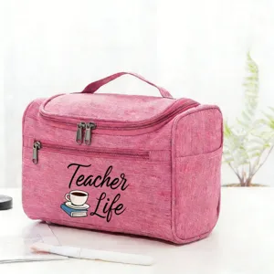 Pink cosmetic travel organizer bag with teacher life print for daily use and travel storage