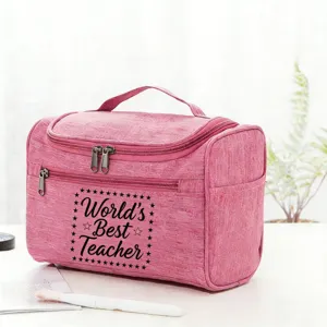 Pink teacher cosmetic travel organizer bag detail, featuring durable handle and double zippers.