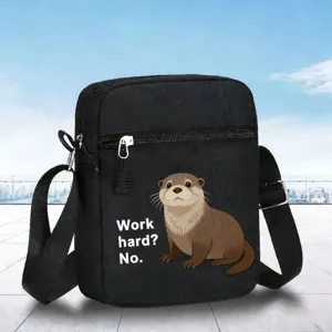 Petit sac bandoulière noir avec imprimé loutre mignon et sangle réglable pour usage quotidien.
