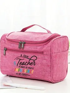 Casual Printed Polyester Makeup Bag With Handle Zipper Portable Storage Bag For Women Teacher Gift Travel Organizer
