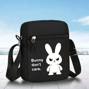 Sac bandoulière mini noir avec imprimé lapin mignon, fermeture éclair et sangle réglable.