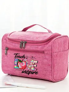 Pink teacher makeup bag portable travel cosmetic storage organizer pouch for women gifts.