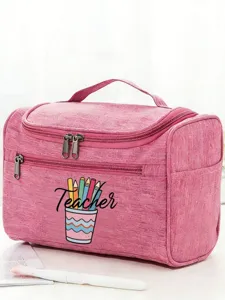 Pink canvas cosmetic bag with handle, portable travel toiletry organizer for teachers and students.