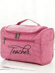 Pink teacher cosmetic bag portable travel makeup organizer toiletry pouch with zipper