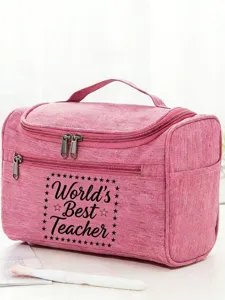 Pink travel cosmetic bag with teacher print, portable toiletry organizer for women daily use