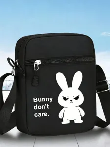 Petit sac bandouliere noir avec sangle reglable et motif de lapin mignon pour voyage.