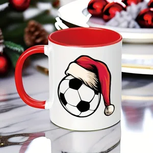 Festliche Weihnachtsfussball Keramik Kaffeetasse mit rotem Henkel als Geschenk Tasse