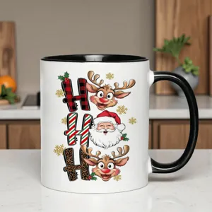Christmas ceramic coffee mug featuring Santa Claus and cute reindeer holiday design