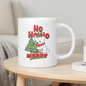 Cute polar bear Christmas coffee mug detail shot, festive holiday ceramic cup design.