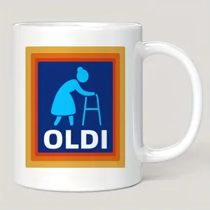 Détail de tasse à café en céramique avec logo OLDI amusant, cadeau parfait pour la fête des pères.