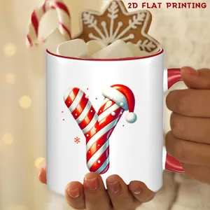 Taza de ceramica de Navidad con mango rojo baston de caramelo pan de jengibre letra Y festiva