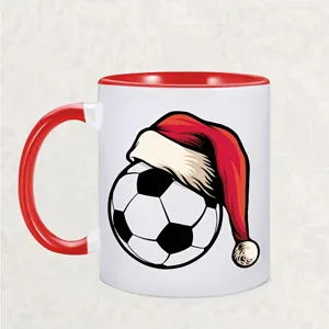 Weihnachten Fußball Keramik Tasse mit rotem Henkel, festliche Kaffeetasse als Geschenk