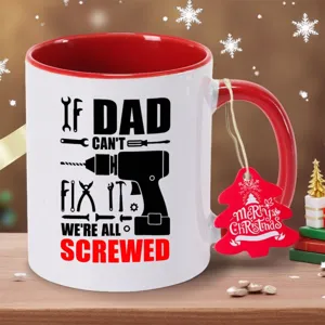 Ceramic coffee mug with dad fix it tool graphic and red handle for daily office home use