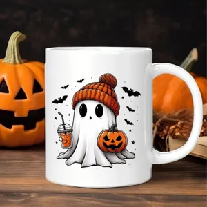 Simpatica Tazza in Porcellana d'Ossa con Fantasma dei Cartoni Animati Tazza da Caffè di Natale Halloween Resistente al Calore con Manico Regalo Festivo