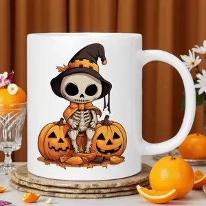Gothic cute skeleton ceramic coffee mug with witch hat and pumpkin design, perfect for Halloween.