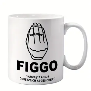 Detailed view of modern minimalist white ceramic mug with hand gesture print and text.