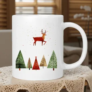 Christmas ceramic mug featuring watercolor deer and trees, ideal holiday gift and daily drinkware.