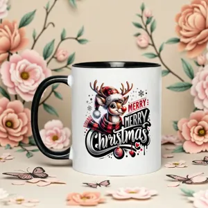 Detailed view of Christmas ceramic coffee mug with black handle and festive reindeer print.