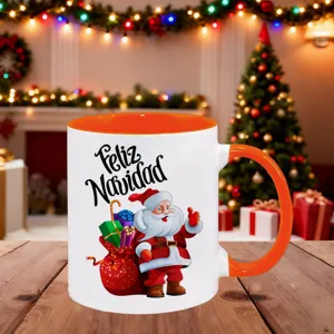 Detailed shot of Christmas ceramic coffee mug with orange handle and festive Santa print design.