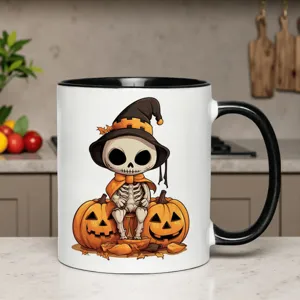Gothic cute skeleton ceramic coffee mug with witch hat and pumpkin design for Halloween