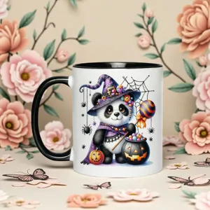 Halloween Keramik Kaffeetasse mit süßem Panda Hexenhut Design für gemütliche Herbsttage.