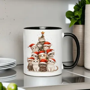 Christmas cat ceramic mug featuring cute Santa kittens tree design for festive hot drinks.