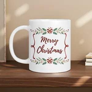 Christmas ceramic mug detail with Merry Christmas print and festive holiday decoration.