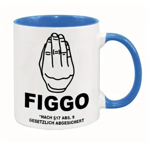 Blue and white ceramic coffee mug featuring a funny hand gesture graphic and German text design.