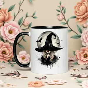 Nahaufnahme der gotischen Hexen-Keramik-Tasse mit Mond-Fledermaus-Grafik und schwarzem Henkel.