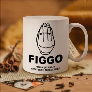 Modern white ceramic coffee mug with unique gesture graphic and bold typography for daily use