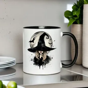Gothic Hexe Nacht Keramik Kaffeetasse mit schwarzem Griff und Fledermaus Design für Halloween
