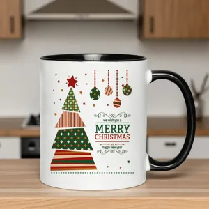 Christmas ceramic coffee mug with black handle, festive tree graphic holiday gift cup.