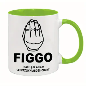 Ceramic coffee mug detail showing green handle and humorous gesture graphic with bold text.