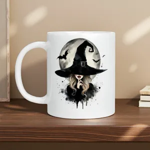 Gotische Hexen Keramik Tasse mit Mond und Fledermaus Design, ideal als Halloween Geschenk.