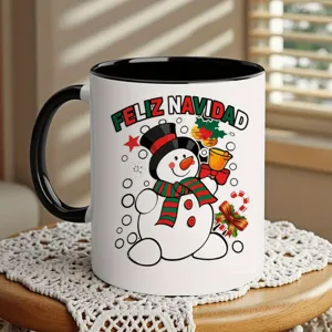 Spanischer Feliz Navidad Schneemann Knochenporzellan Becher Hitzebeständige Keramik Kaffeetasse Mit Griff Kontrastdesign Süßes Feiertagsgetränk Für Büro Alltag Haus Geschenk