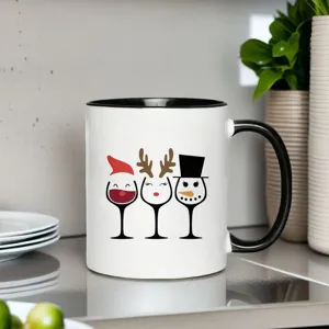 Christmas ceramic coffee mug with cute holiday wine glass print and black handle features
