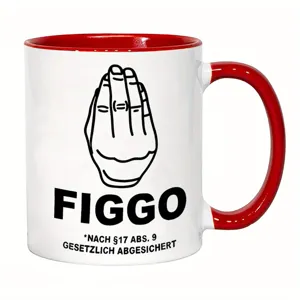Detailed view of a red and white ceramic novelty mug with fun hand gesture and text design.