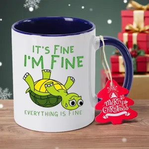 Lustige Schildkröten Keramiktasse mit blauem Henkel, kreative Kaffeetasse als tolles Geschenk.