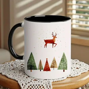 Christmas ceramic coffee mug with black handle, festive deer and trees design for holiday gifts.