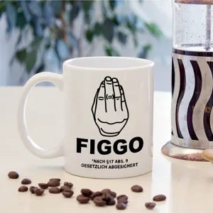 Close-up detail of white ceramic coffee mug featuring custom hand gesture graphic print.