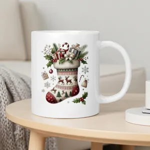 Close-up view of a white ceramic coffee mug featuring festive Christmas stocking and reindeer print.