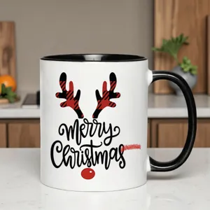 Christmas ceramic mug coffee cup festival gift with reindeer antlers and red nose design.
