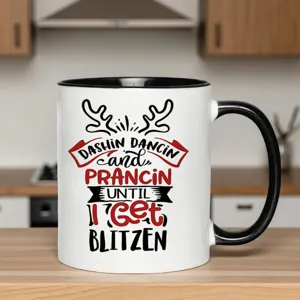 Christmas ceramic coffee mug with funny reindeer design and black handle for holiday gift.
