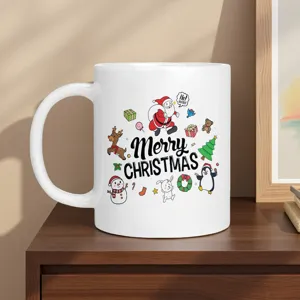 Christmas ceramic mug with cute Santa and reindeer cartoon print, perfect holiday gift cup.