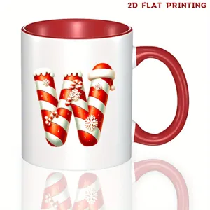 Taza de café de cerámica estilo bastón de caramelo letra W con asa y interior rojos vivos