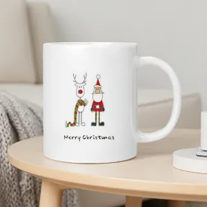 Christmas ceramic mug with cute Santa and reindeer cartoon print, perfect holiday gift cup.